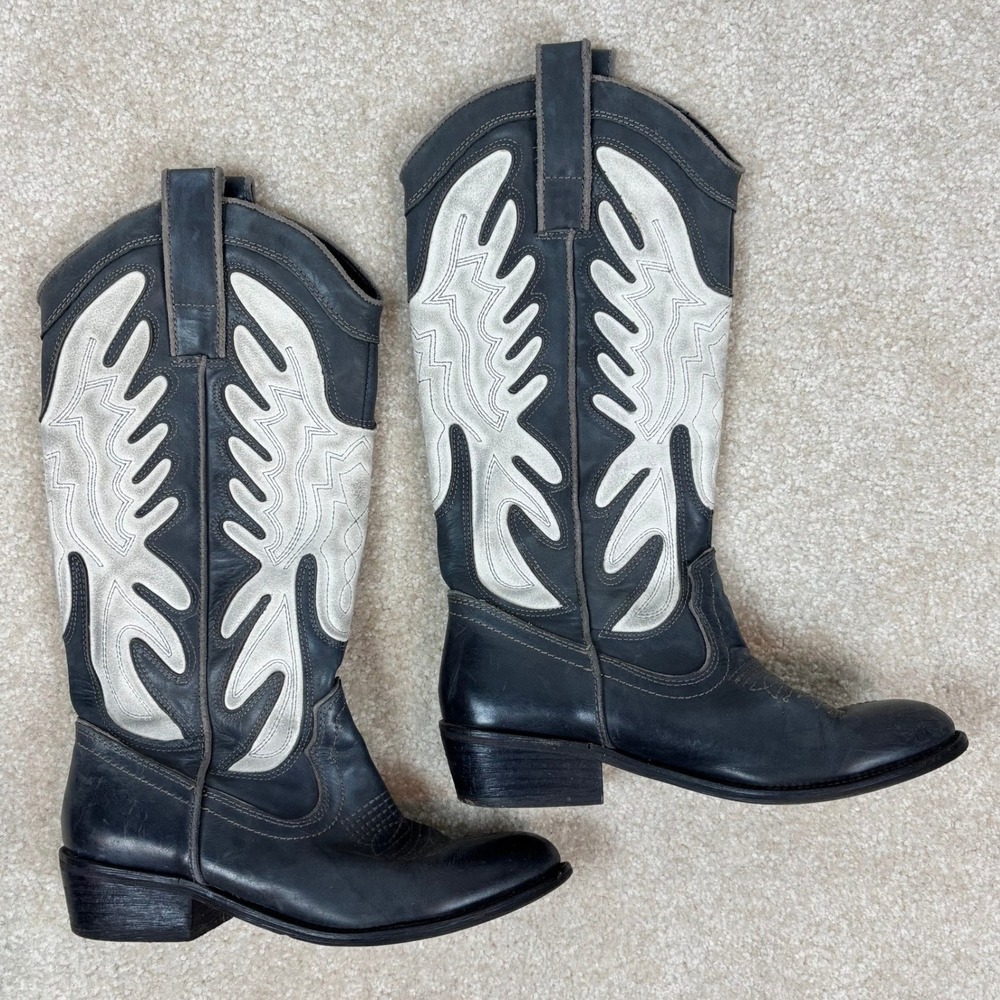 Aldo Womens Black White Leather Western Cowboy Boots Two Tone Flame Size 6